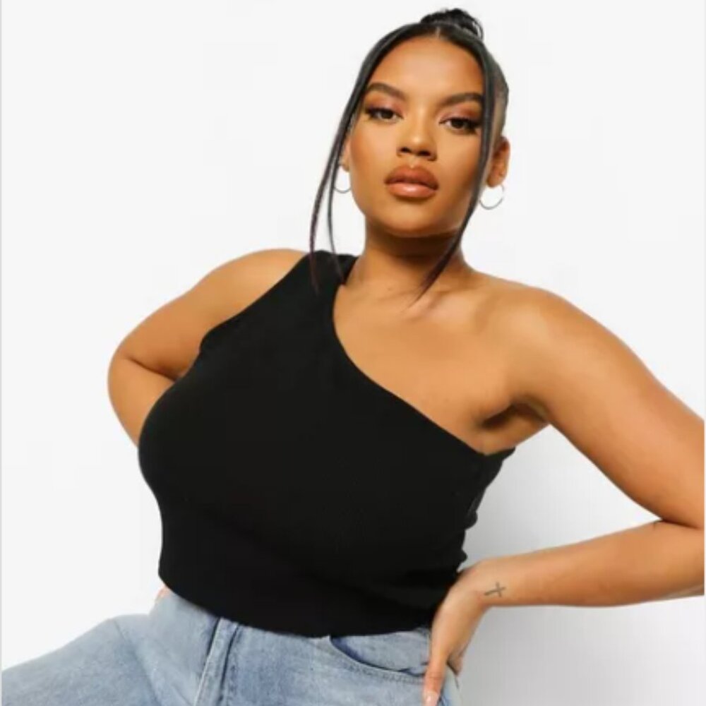 Boohoo Plus Black Ribbed One Shoulder Top